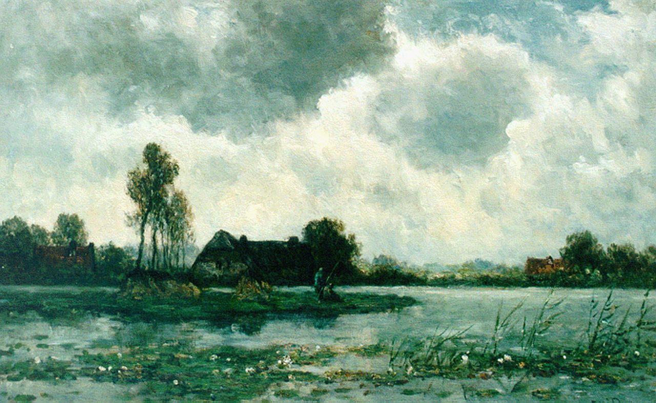 Roelofs W.  | Willem Roelofs, Anglers in a polder landscape, Öl auf Leinwand 47,5 x 74,5 cm, signed l.r.