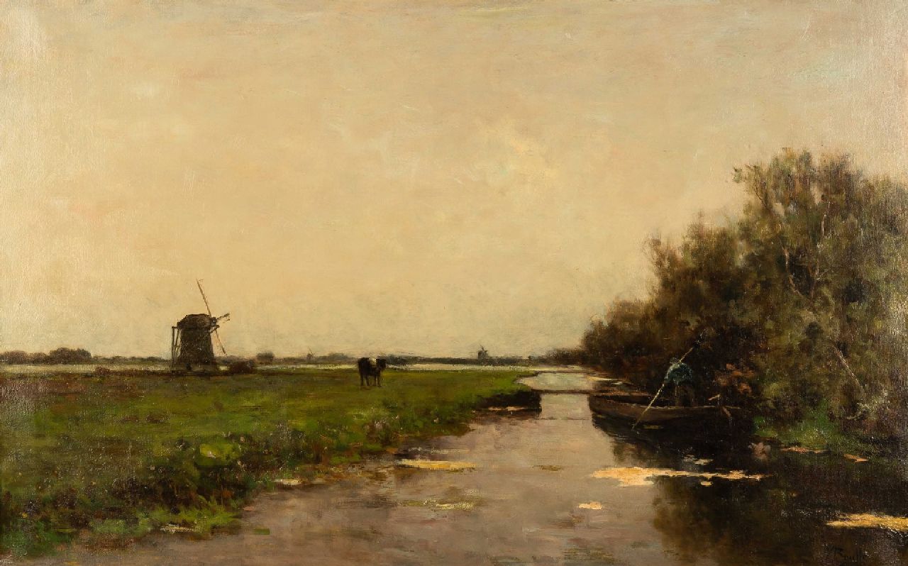 Bauffe V.  | Victor Bauffe, A farmer in a barge in a polder landscape, Öl auf Leinwand 63,2 x 100,3 cm, signed l.r.