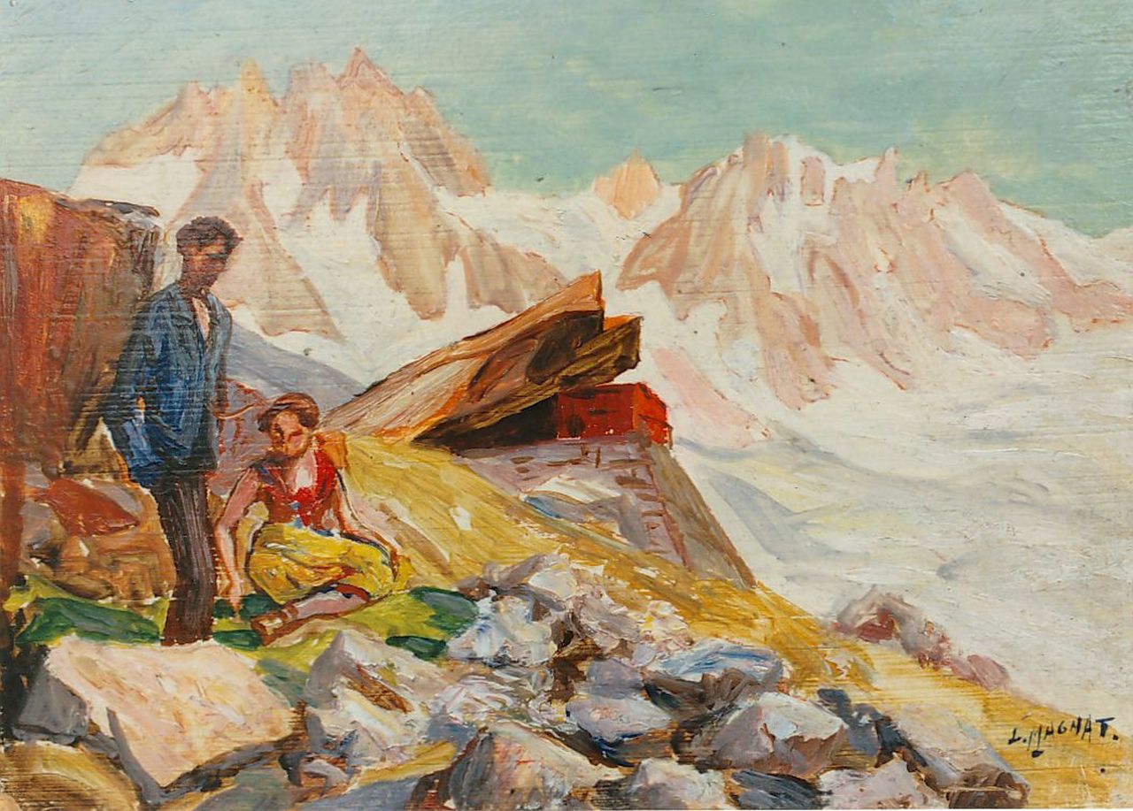Magnat L.H.  | Louis Henri Magnat, A couple in an mountainous landscape, Öl auf Holz 16,0 x 22,1 cm, signed l.r.