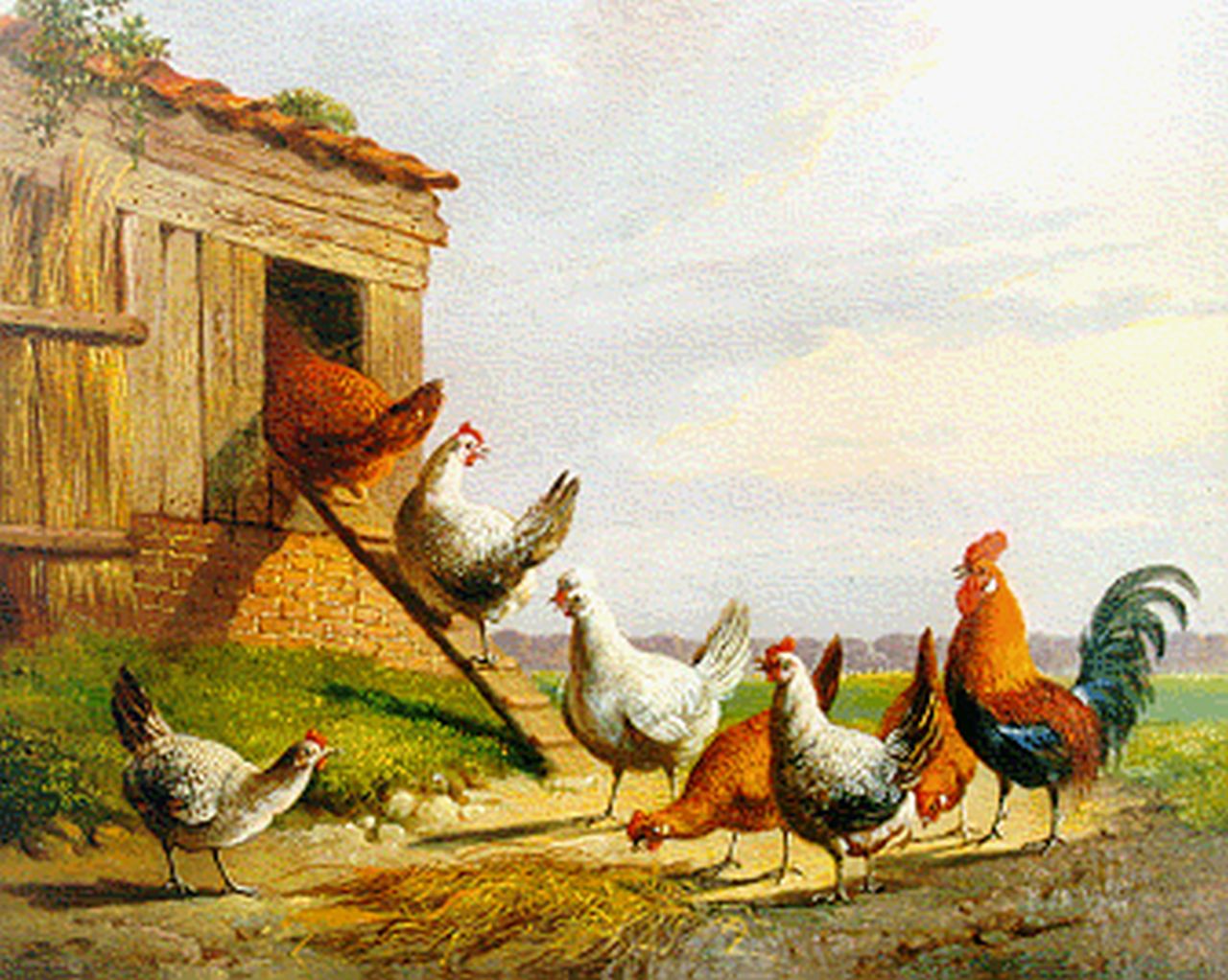 Verhoesen A.  | Albertus Verhoesen, Poultry in a landscape, Öl auf Holz 13,5 x 17,1 cm, signed l.r. und dated 1871