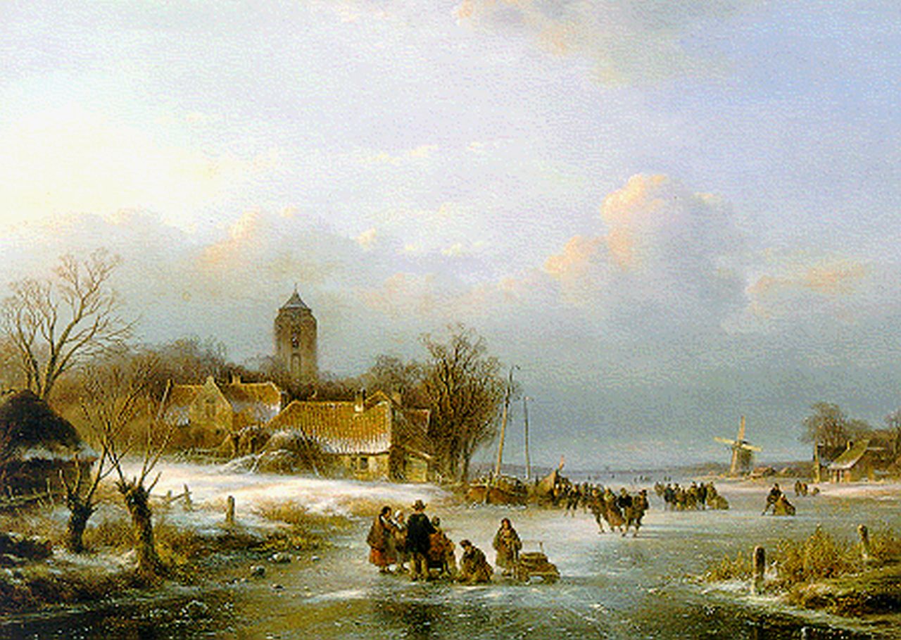 Kleijn L.J.  | Lodewijk Johannes Kleijn, Skaters on the ice by a 'koek en zopie', Öl auf Holz 43,2 x 59,5 cm, signed l.r.