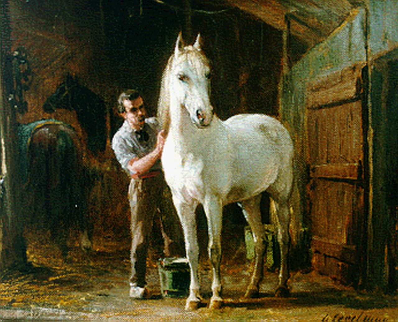 Eerelman O.  | Otto Eerelman, A grey in a stable, Öl auf Leinwand 24,0 x 29,2 cm, signed l.r.