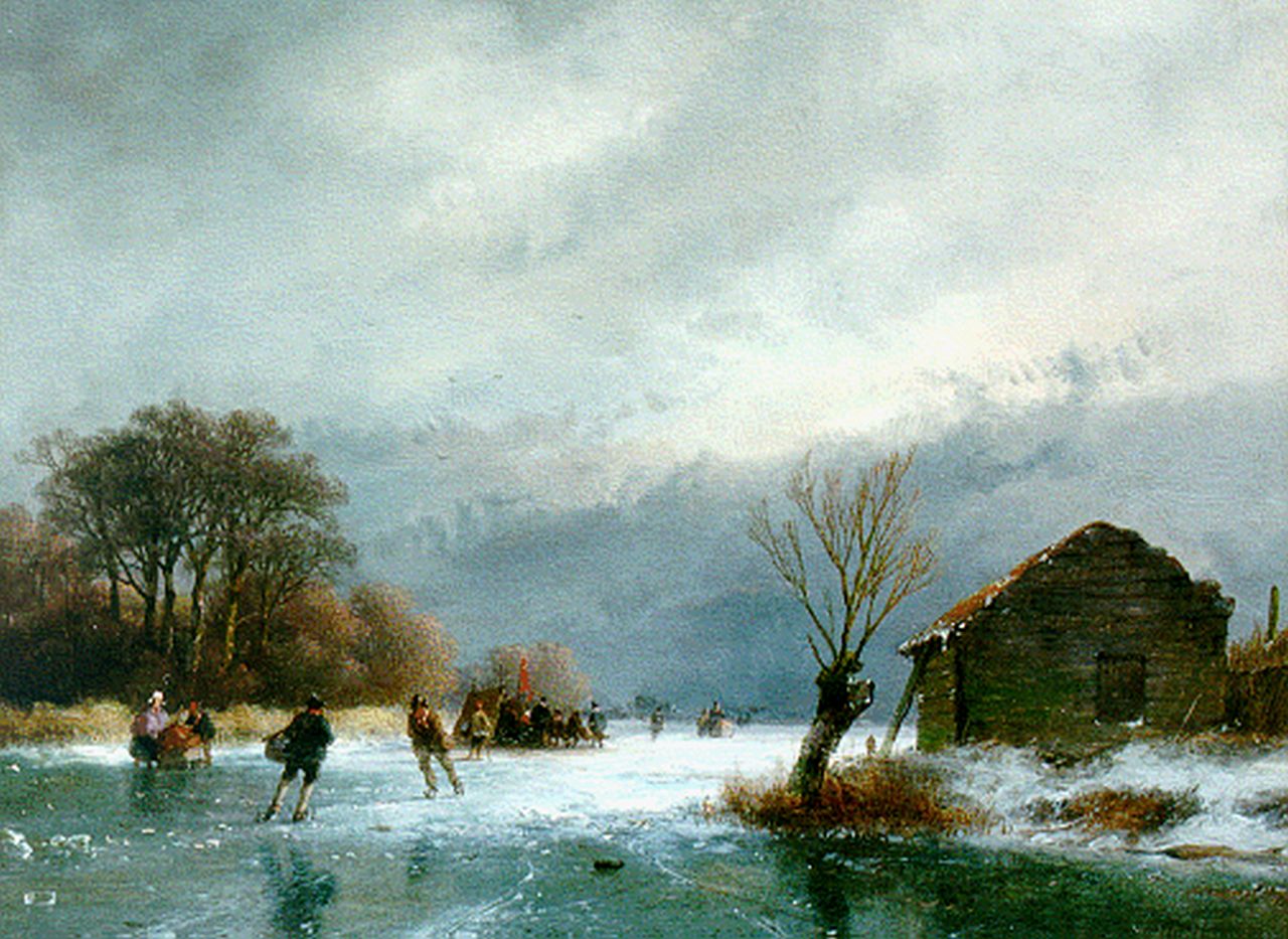 Schelfhout A.  | Andreas Schelfhout, A winter landscape with skaters, Öl auf Holz 21,8 x 29,0 cm, signed l.r. und dated '57