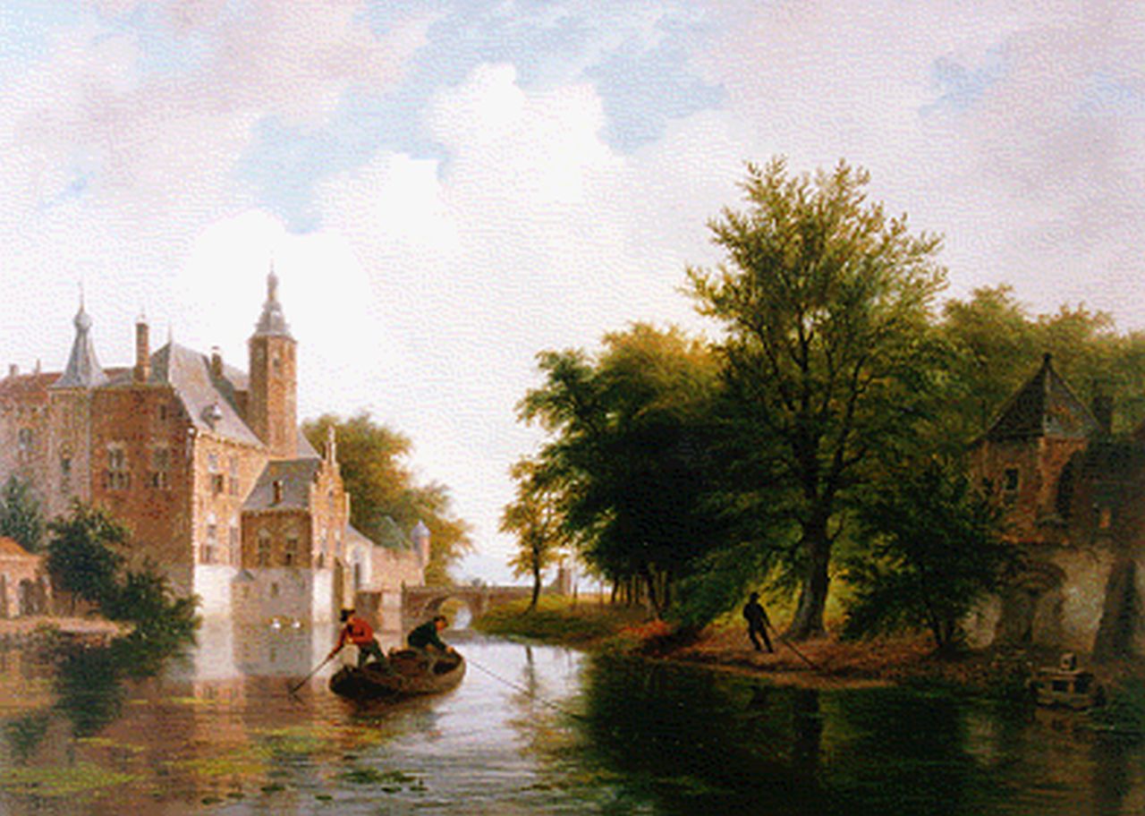 Hove B.J. van | Bartholomeus Johannes 'Bart' van Hove, Het slepen van de netten in de slotgracht, Öl auf Holz 44,3 x 61,5 cm, gesigneerd linksonder