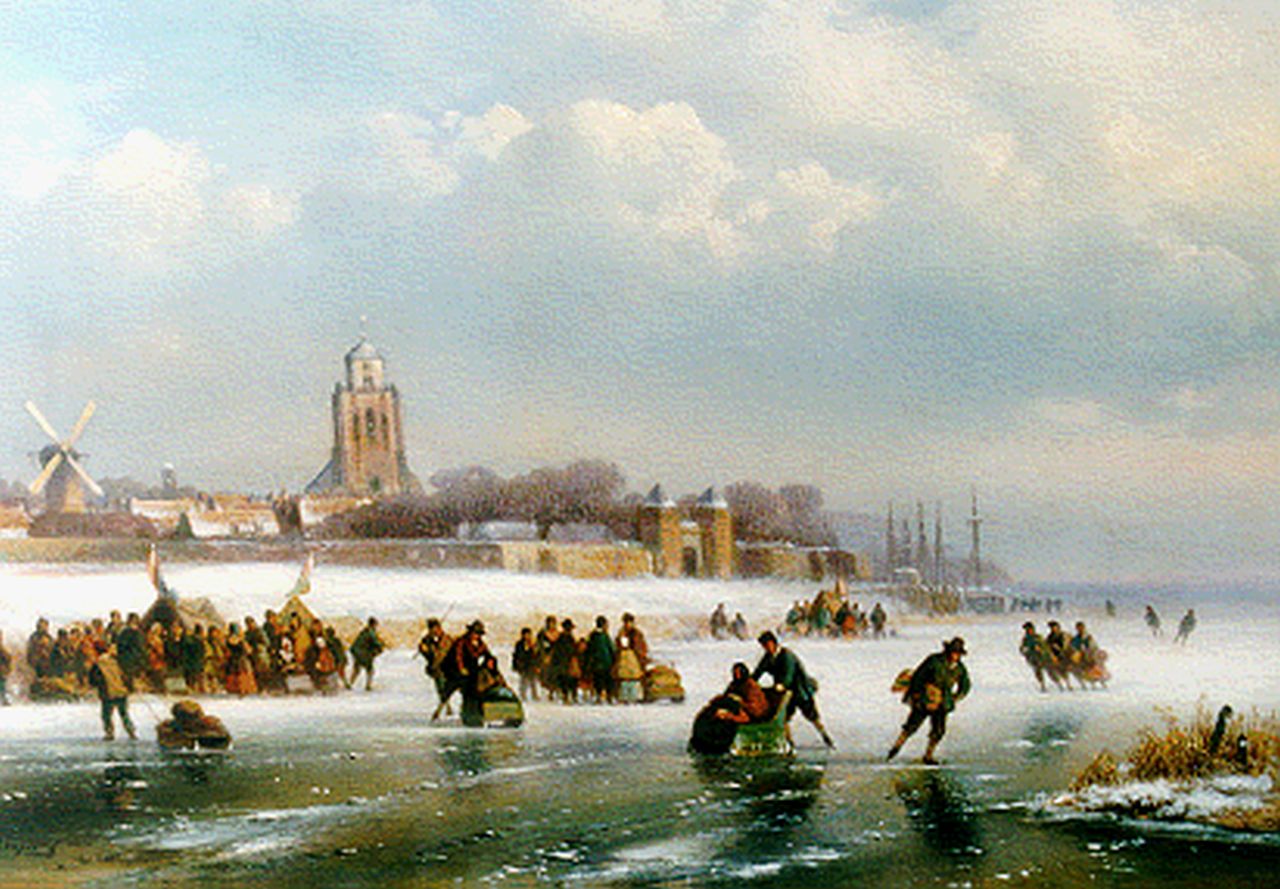 Kleijn L.J.  | Lodewijk Johannes Kleijn, Winterfun, a town in the distance, Öl auf Holz 28,1 x 40,6 cm, signed l.l.