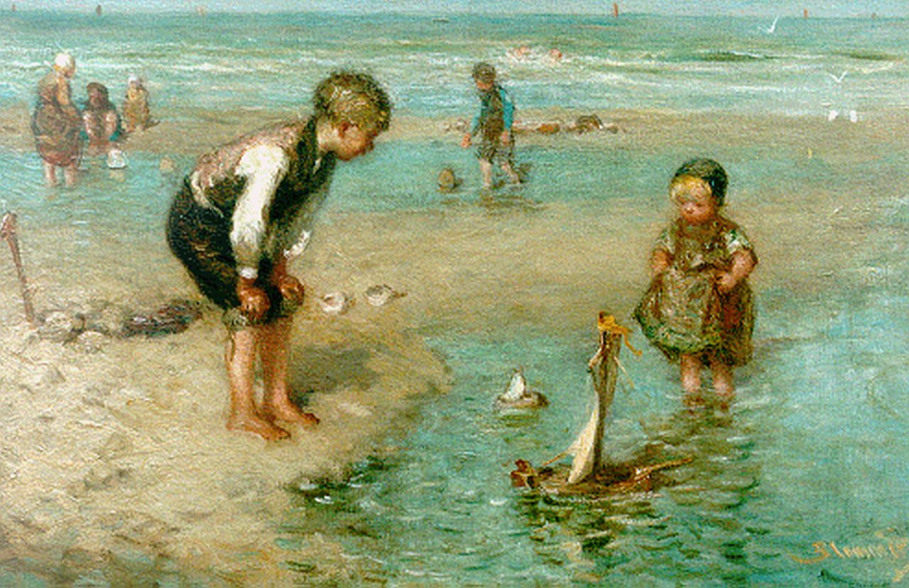 Blommers B.J.  | Bernardus Johannes 'Bernard' Blommers, Children playing in the surf, Öl auf Leinwand 36,2 x 54,3 cm, signed l.r.