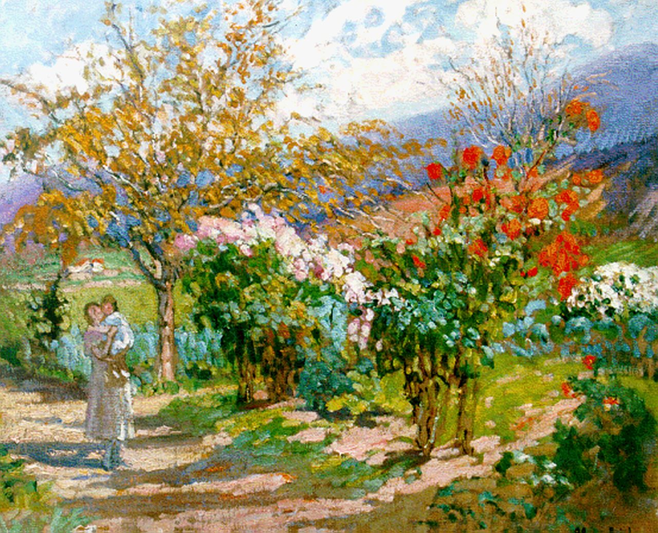 Réol M.M.  | Marie Marguérite Réol, Le pied de dahlias roses, Öl auf Leinwand 60,0 x 73,0 cm, signed l.r.