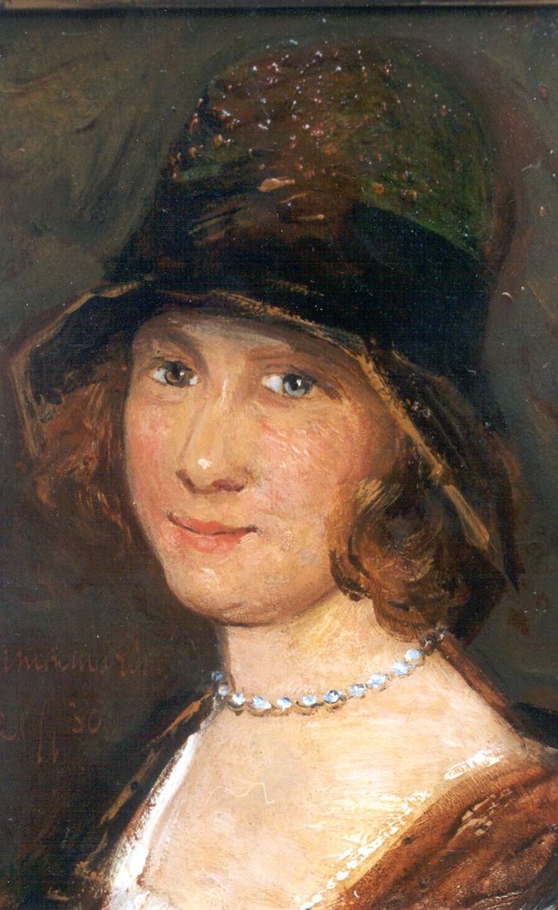 Maris S.W.  | Simon Willem Maris, A young woman with a  hat, Öl auf Holz 21,6 x 14,6 cm, signed l.l.