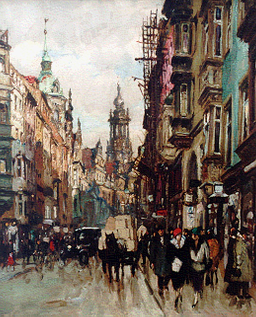 Beckert F.  | Fritz Beckert, A busy street, Dresden, 53,0 x 44,0 cm, Unterzeichnet l.u. und datiert 1924