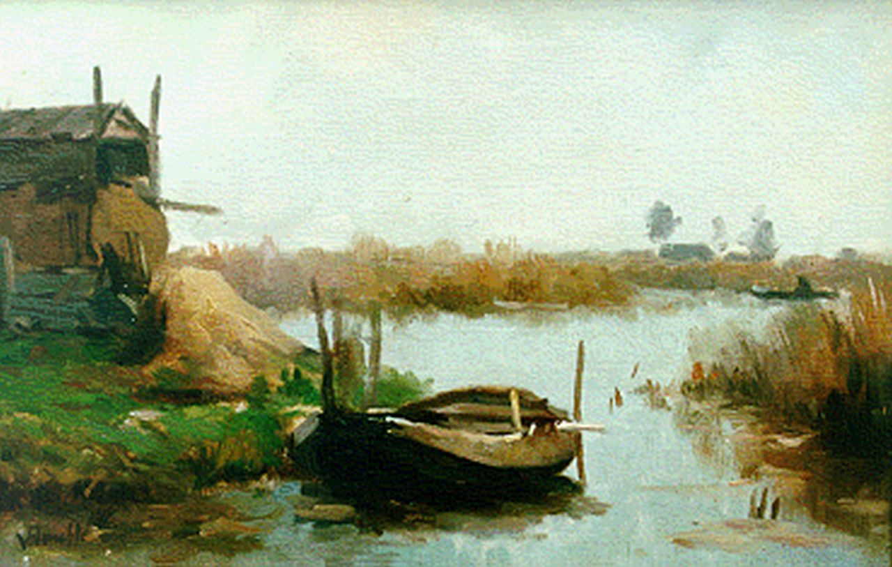 Bauffe V.  | Victor Bauffe, A river landscape with a moored barge, Öl auf Holz 26,0 x 39,0 cm, signed l.l.