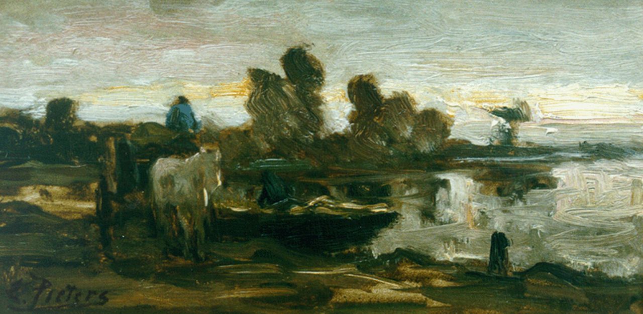 Pieters E.  | Evert Pieters, Horsedrawn cart in a landscape, Öl auf Holz 14,5 x 28,3 cm, signed l.l.