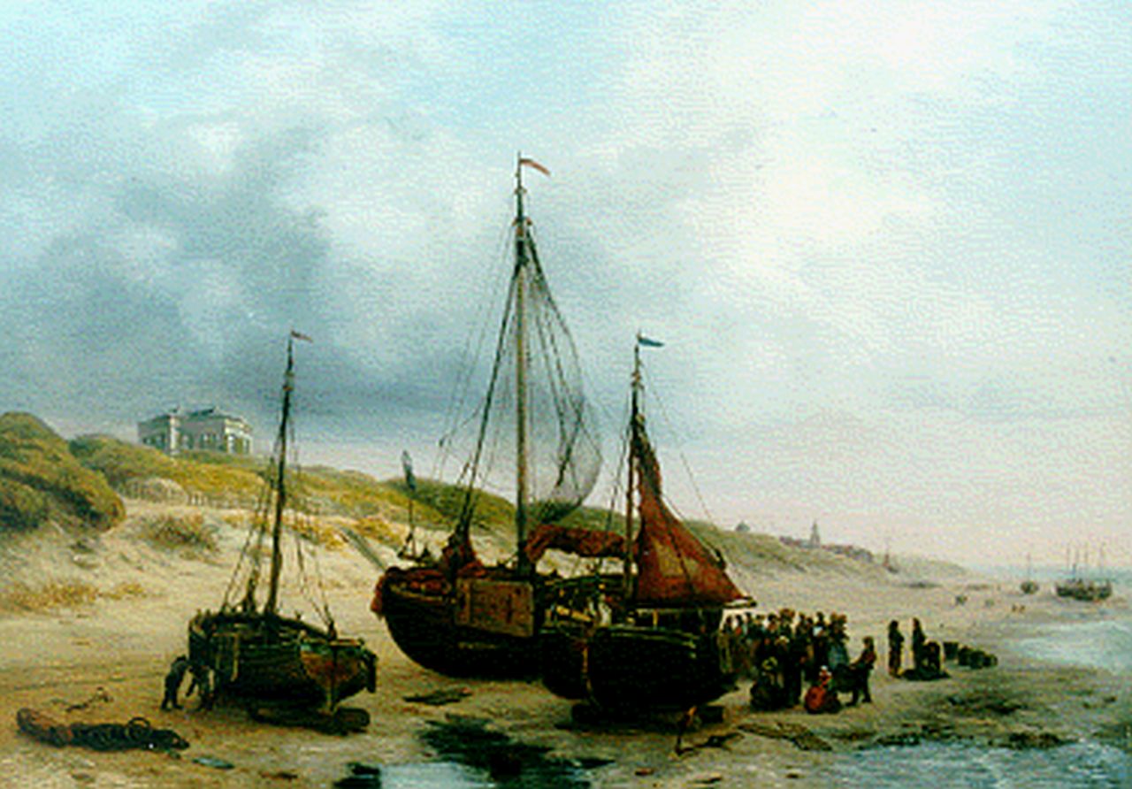Troost W.  | Willem Troost, Fish auction, Scheveningen, Öl auf Leinwand 54,7 x 77,5 cm, signed l.l.