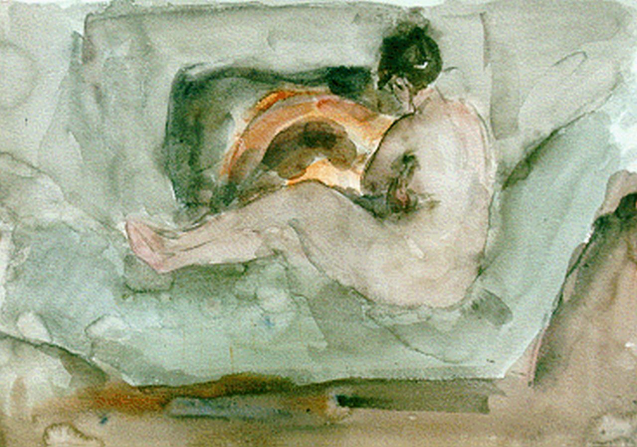 Israels I.L.  | 'Isaac' Lazarus Israels, A reclining nude in front of a fire-place, Aquarell auf Papier 35,4 x 50,6 cm, dated 1930