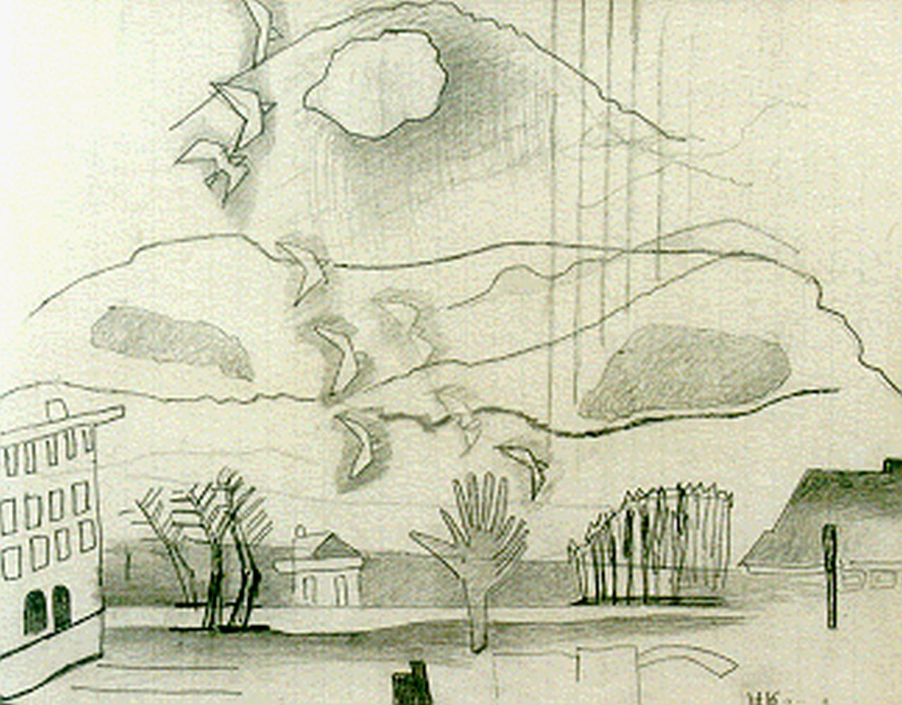 Kruyder H.J.  | 'Herman' Justus Kruyder, Landscape with birds, Bleistift auf Papier 19,7 x 24,8 cm, signed l.r.