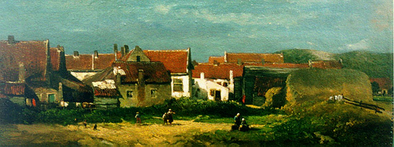 Verveer S.L.  | 'Salomon' Leonardus Verveer, A village behind the dunes, Öl auf Leinwand Malereifaser 19,0 x 47,0 cm, signed l.l.