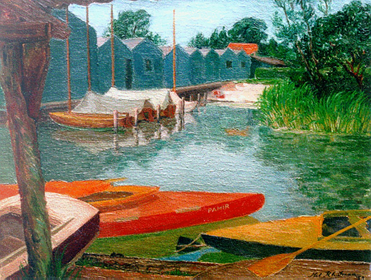 Kluitman P.J.M.  | Petronella Johanna Marie 'Nel' Kluitman, A plank bridge, Öl auf Leinwand 40,2 x 50,2 cm, signed l.r. und dated '59