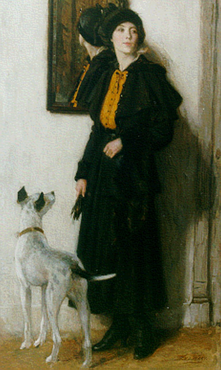 Waay N. van der | Nicolaas van der Waay, An elegant lady and her dog, Öl auf Leinwand 70,6 x 44,2 cm, signed l.r.