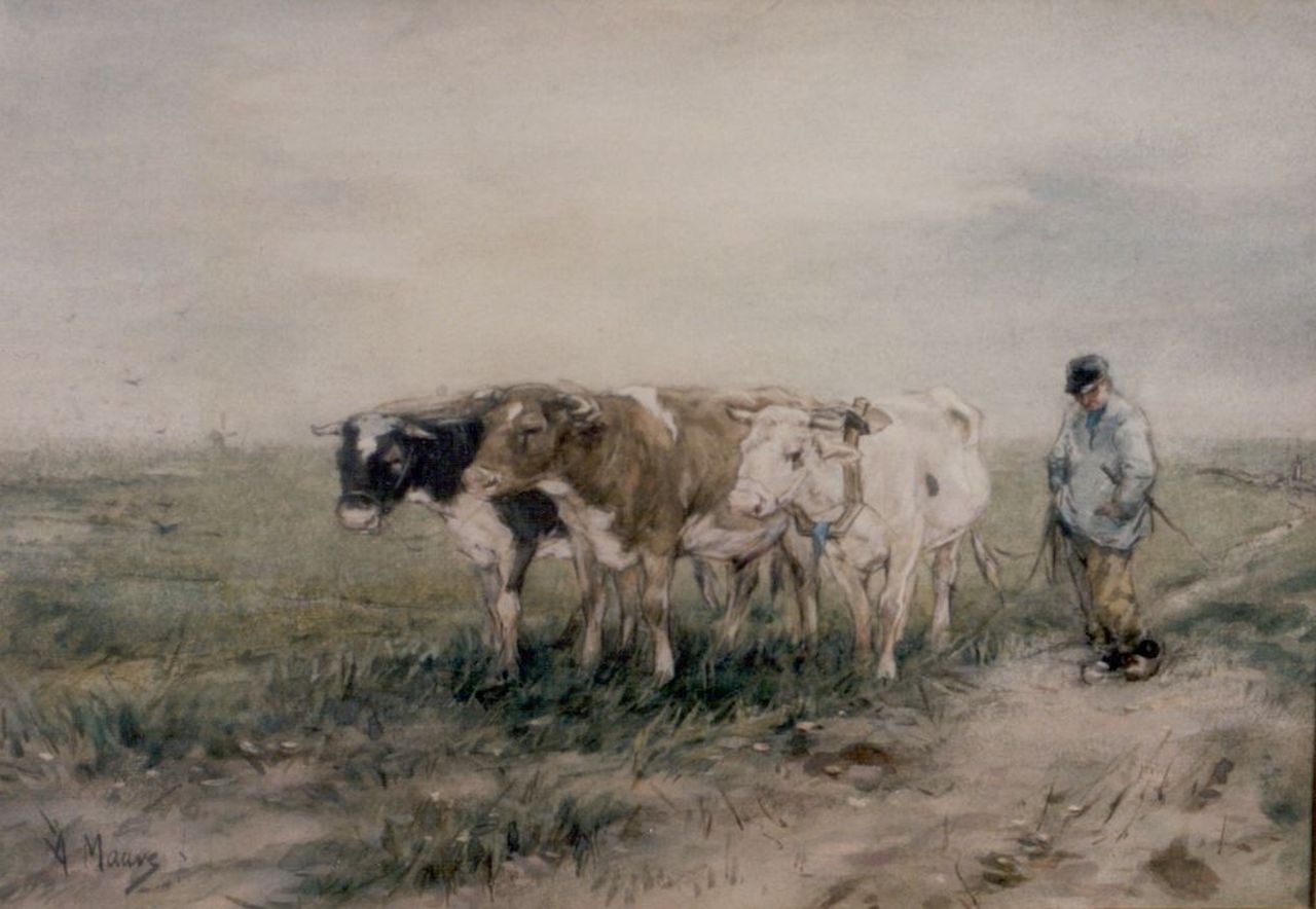 Mauve A.  | Anthonij 'Anton' Mauve, A farmer and oxes, Aquarell auf Papier 22,5 x 32,5 cm, signed l.l.
