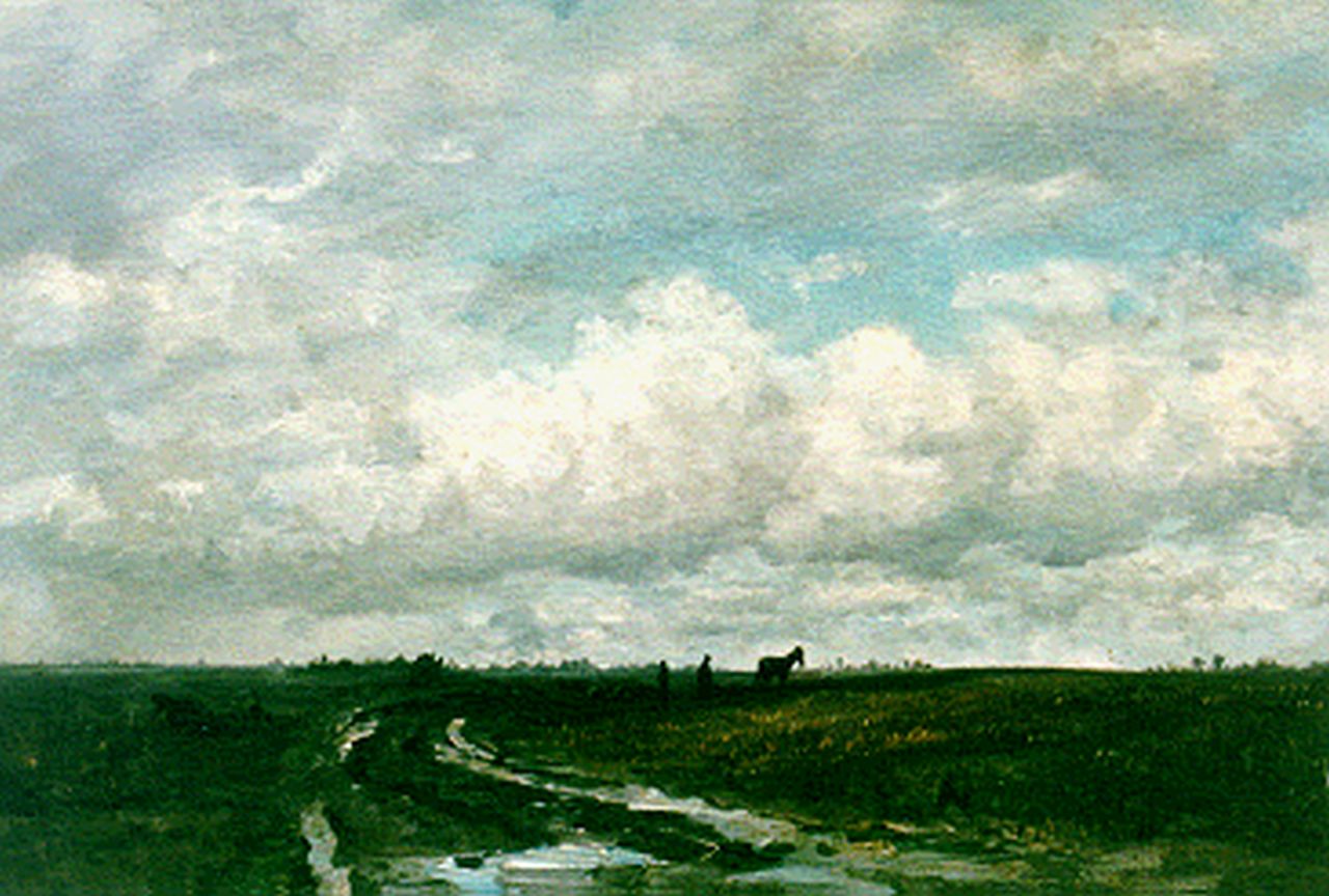 Mesdag H.W.  | Hendrik Willem Mesdag, A polder landscape with a  ploughing farmer, Öl auf Leinwand 49,2 x 78,4 cm, painted circa 1877