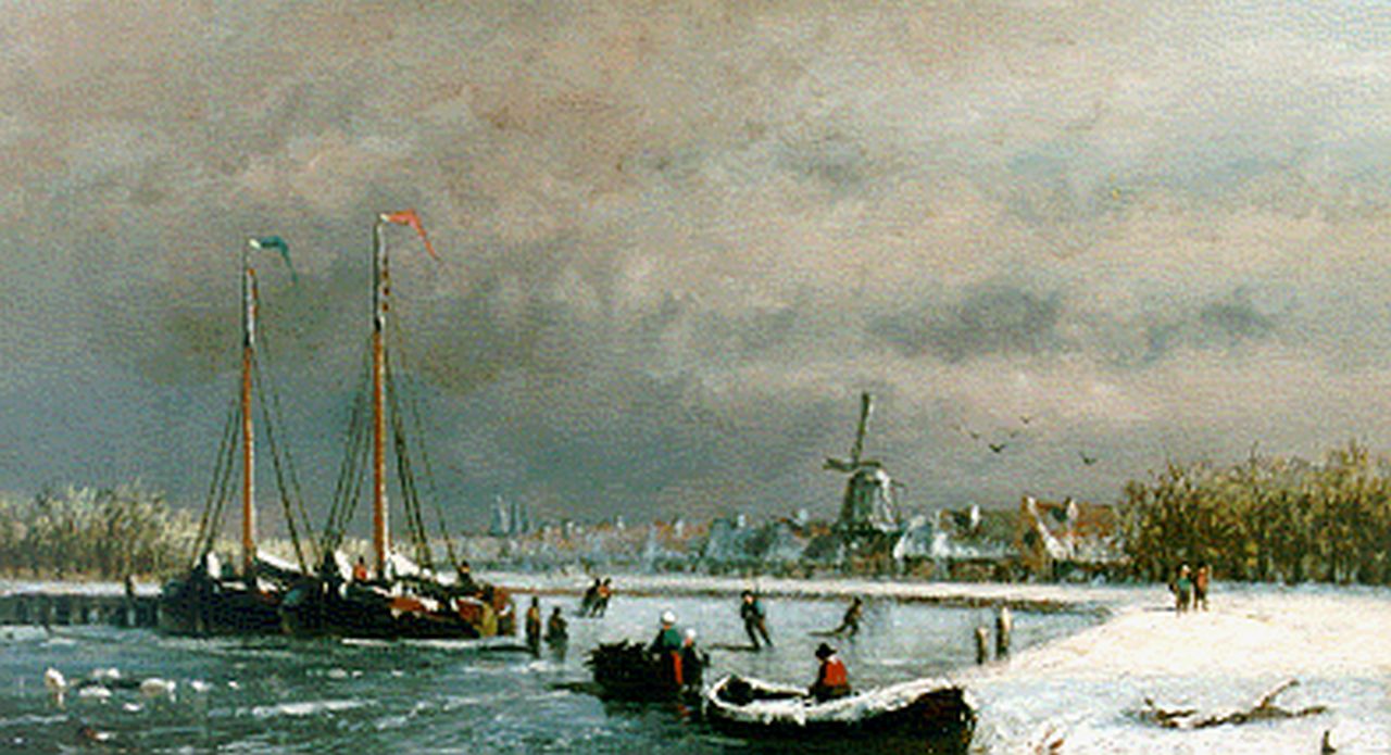 Hulk H.  | Hendrik Hulk, A frozen waterway with moored boats, Öl auf Leinwand 18,2 x 30,0 cm, signed l.r.