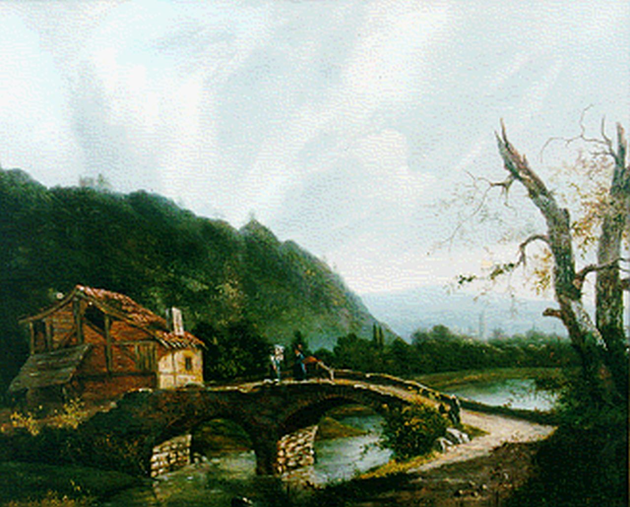 Nooteboom J.H.J.  | Jacobus Hendricus Johannes  Nooteboom, Mountainous landscape with figures on a bridge, Öl auf Holz 35,3 x 43,1 cm, signed l.r.