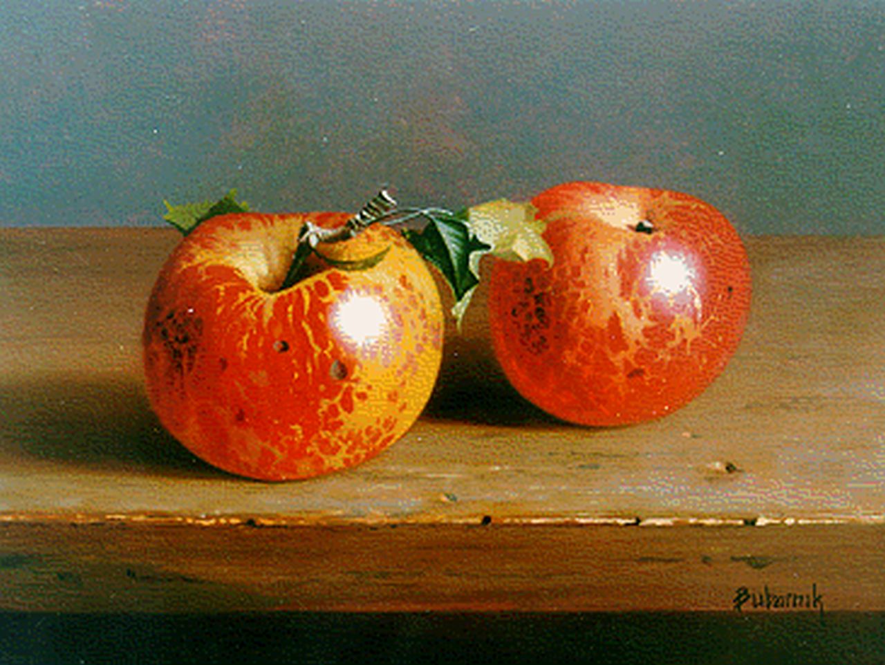Bubarnik G.  | Gyula Bubarnik, A still life with apples, Öl auf Holz 17,9 x 23,9 cm, signed l.r.