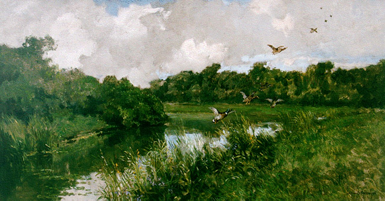 Mastenbroek J.H. van | Johan Hendrik van Mastenbroek, A river landscape with ducks flying up, Öl auf Leinwand 68,4 x 128,5 cm, signed l.r. und dated 1936
