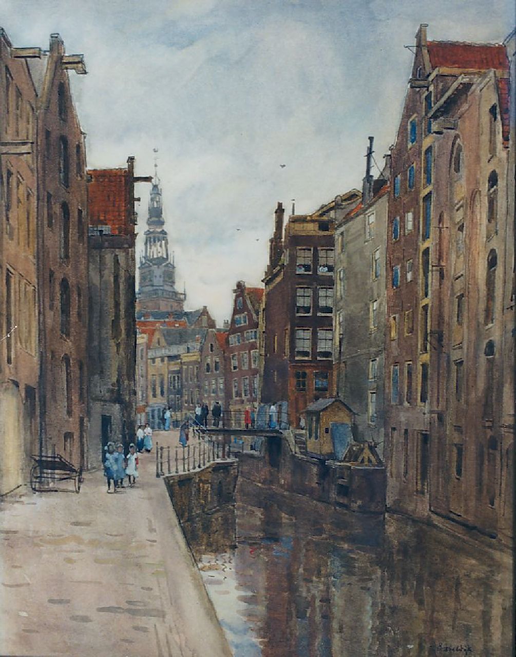 Bobeldijk F.  | Felicien Bobeldijk, A view of the Oude Kolk Amsterdam, with the Montelbaanstoren beyond, Aquarell auf Papier 57,5 x 44,5 cm, signed l.r. und dated '19