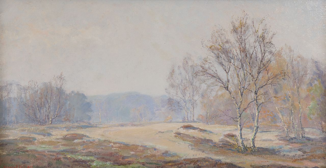 Meijer J.  | Johannes 'Johan' Meijer, Neblicher Herbstmorgen, Öl auf Leinwand 44,0 x 84,5 cm, Unterzeichnet l.u.
