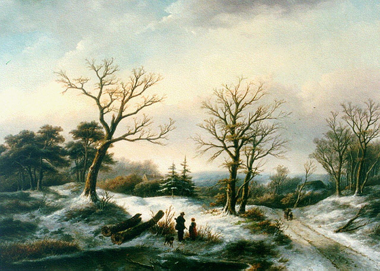 Spohler J.J.  | Jan Jacob Spohler, A winter landscape with a traveller and a hunter, Öl auf Leinwand 66,5 x 93,4 cm, signed l.l.