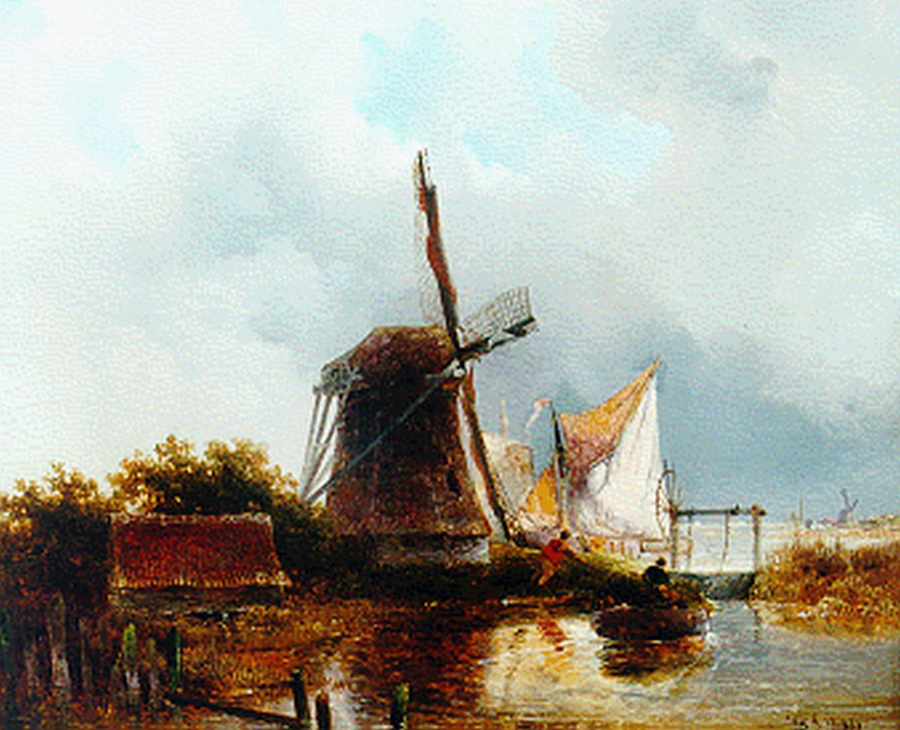Roelofs W.  | Willem Roelofs, A river landscape with windmill, Öl auf Holz 23,7 x 28,8 cm, signed l.r. with monogram und dated 1841