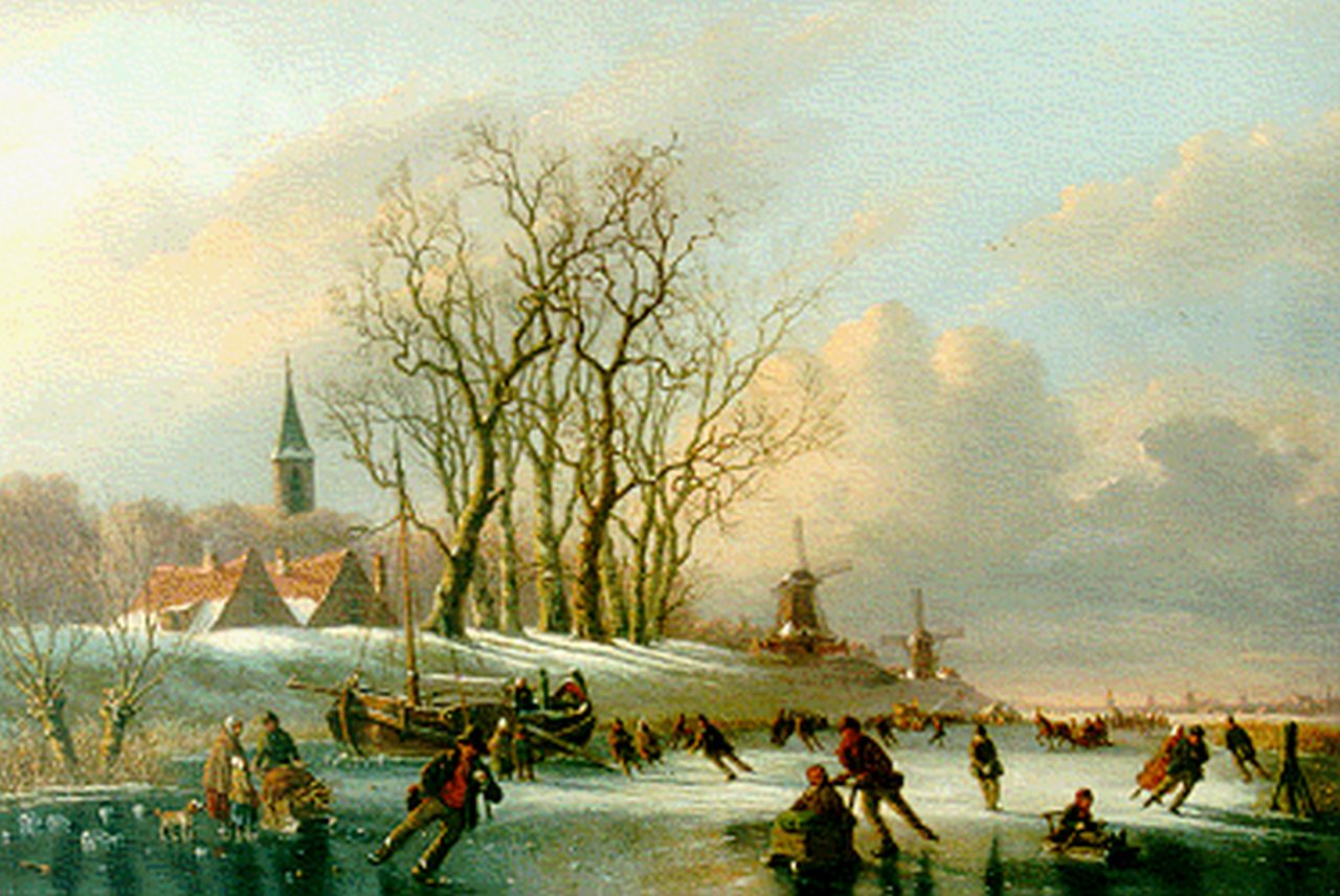 Meijier A.A. de | Anthony Andreas de Meijier, Skaters on a frozen waterway, Öl auf Holz 45,7 x 67,6 cm