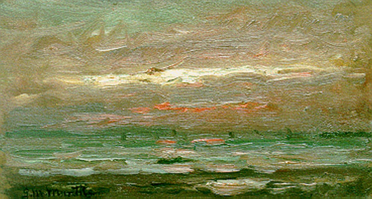 Munthe G.A.L.  | Gerhard Arij Ludwig 'Morgenstjerne' Munthe, Seascape by sunset, Öl auf Holz 12,0 x 21,2 cm, signed l.l.