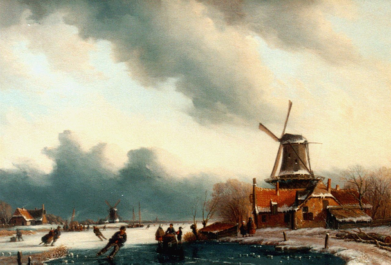 Meijier A.A. de | Anthony Andreas de Meijier, Skaters on a frozen waterway, Öl auf Holz 36,8 x 51,2 cm, signed l.r.