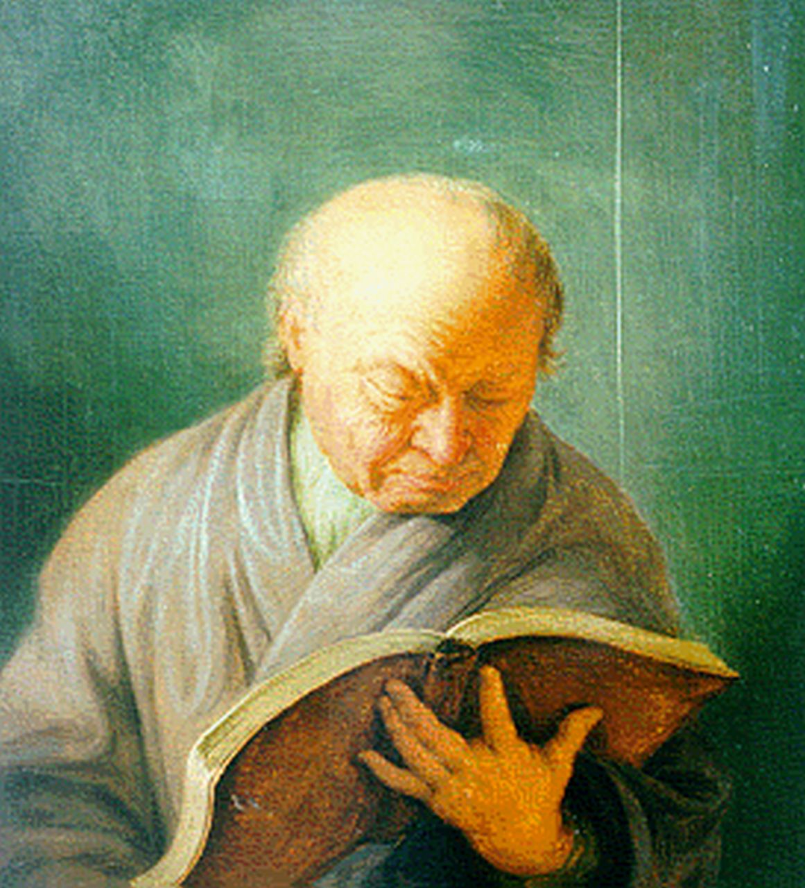 Frans Mieris de Jonge | Elderly man with a book, Öl auf Holz, 18,2 x 16,8 cm, signed on the reverse und dated 1740