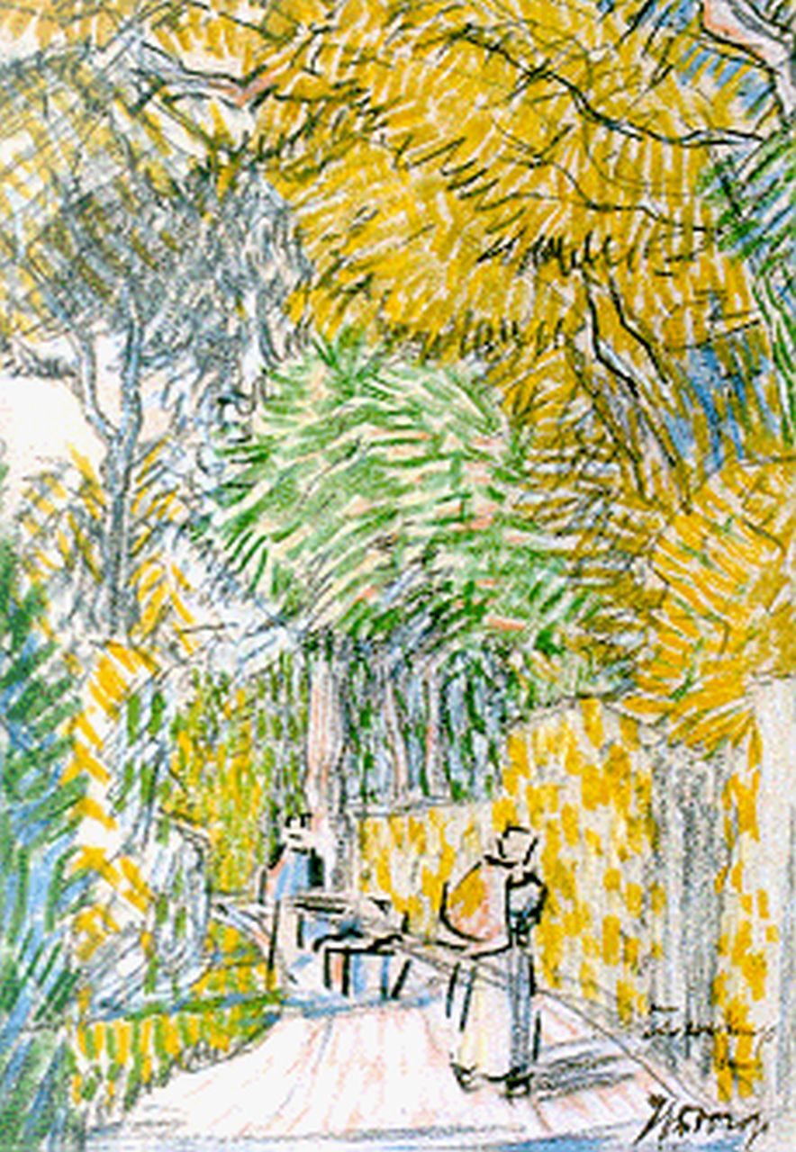 Toorop J.Th.  | Johannes Theodorus 'Jan' Toorop, A country road with strollers, Farbkreide auf Papier 15,6 x 11,2 cm, Unterzeichnet l.u.