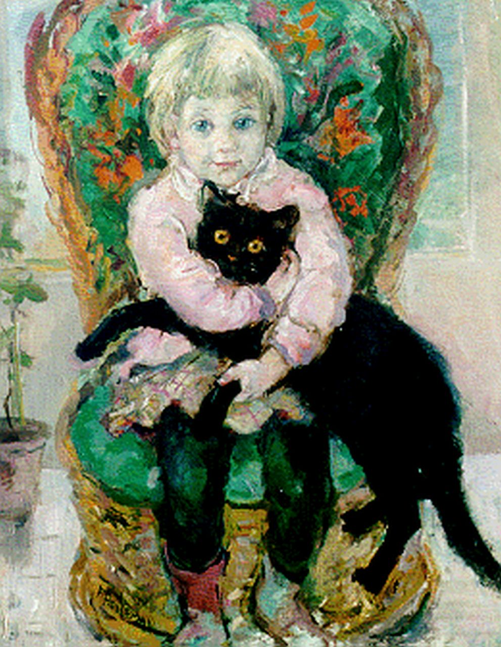 Holleman F.  | Frida Holleman, A girl with a black cat, Öl auf Holz 50,0 x 40,0 cm, signed l.l.