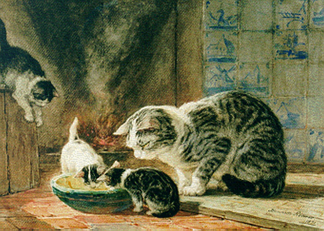 Ronner-Knip H.  | Henriette Ronner-Knip, Mother's care, Aquarell auf Papier auf Holzfaserplatte 31,0 x 43,9 cm, signed l.r. und dated 1871