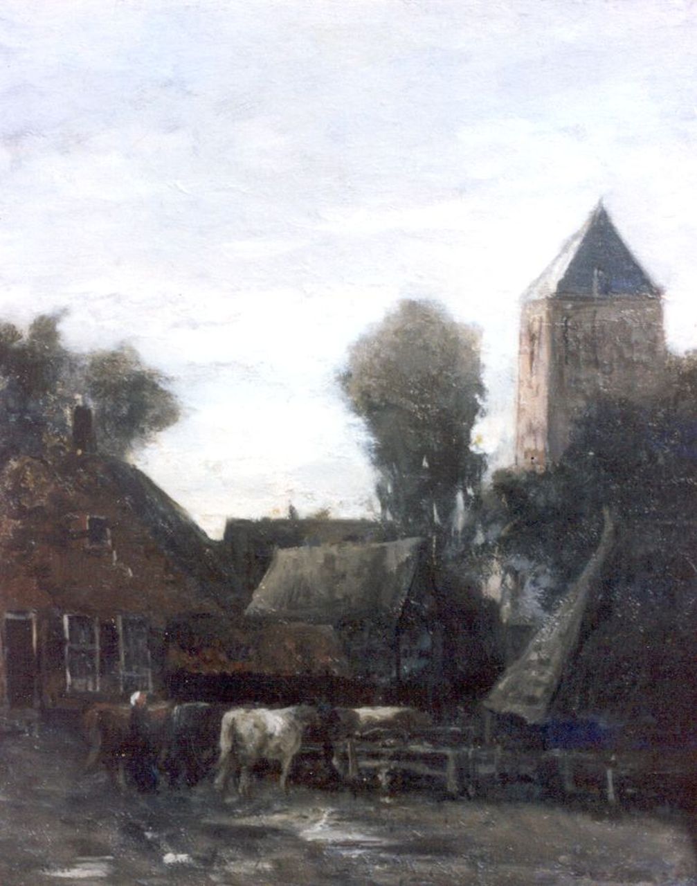 Mesdag H.W.  | Hendrik Willem Mesdag, A farmer's wife with cattle, a village beyond, Öl auf Holz 31,7 x 25,4 cm, signed on the reverse