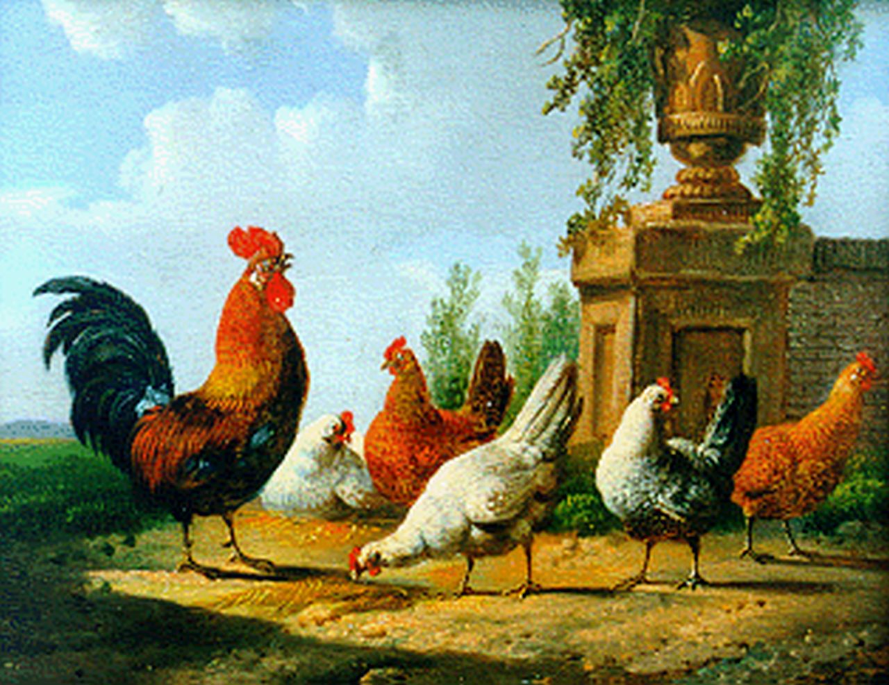 Verhoesen A.  | Albertus Verhoesen, A rooster and five chickens, Öl auf Holz (zwei Stück) 12,8 x 15,4 cm
