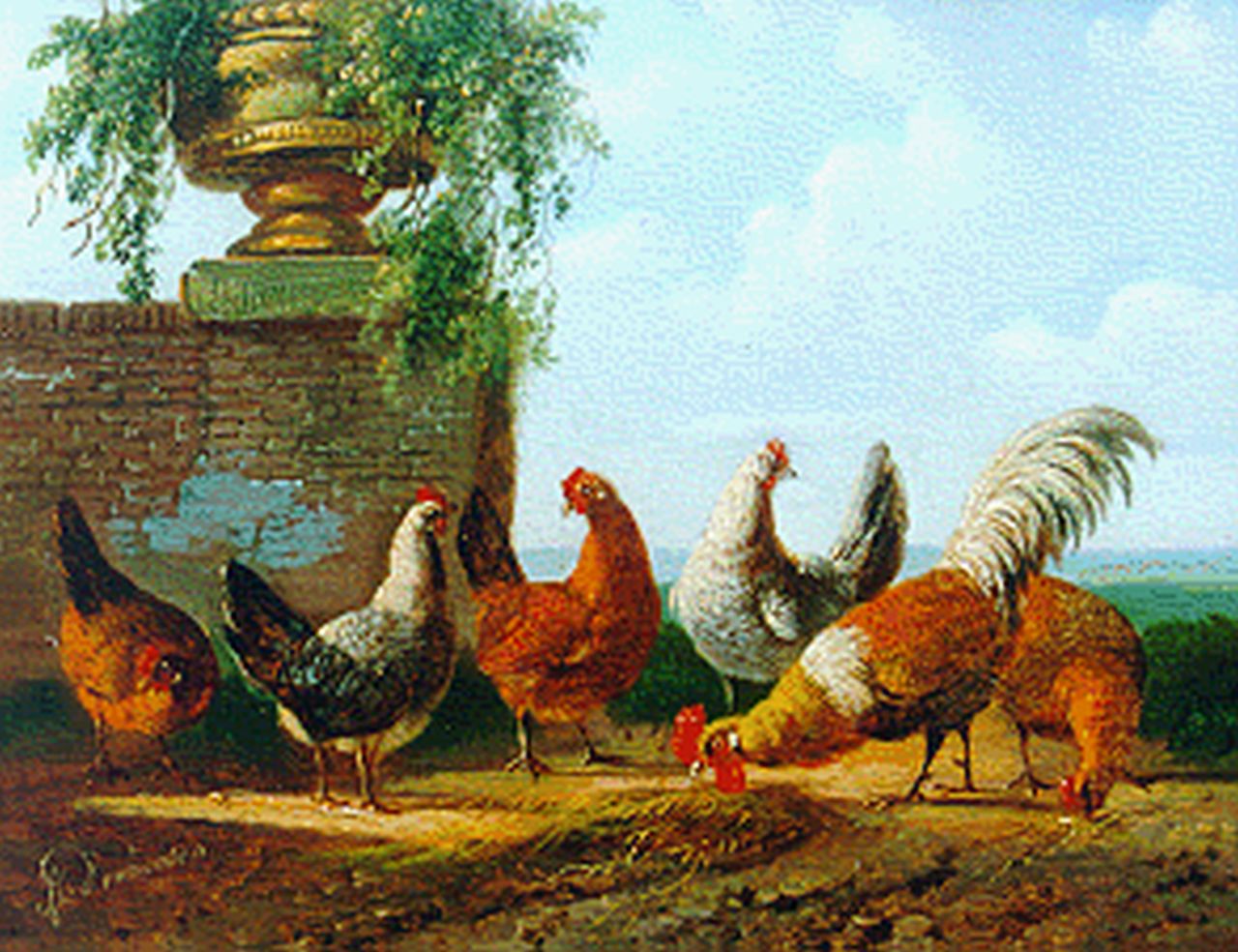 Verhoesen A.  | Albertus Verhoesen, A rooster and five chickens, Öl auf Holz 12,5 x 15,5 cm, signed l.l.