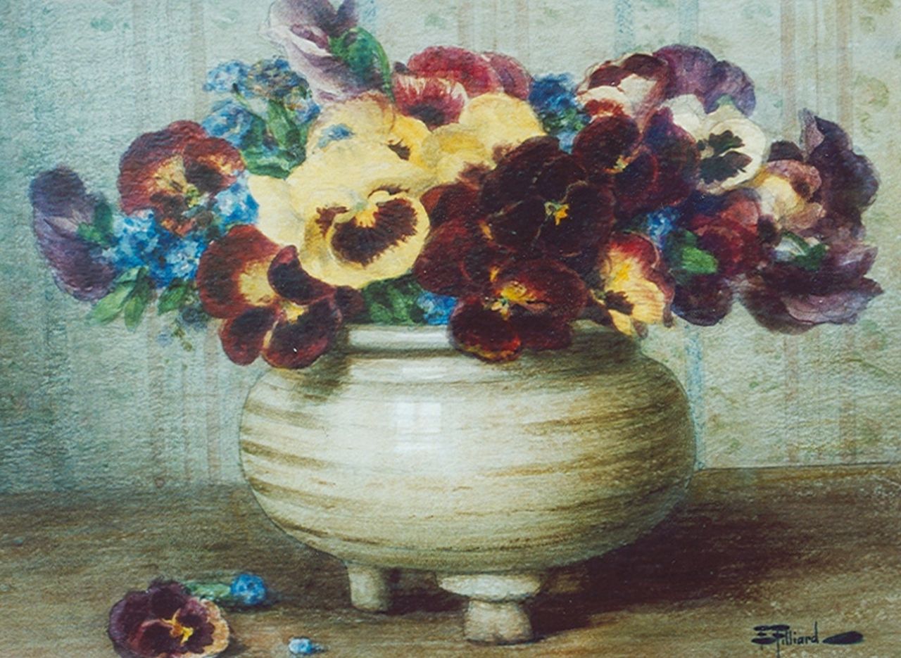 Filliard E.  | Ernest Filliard, Pansies in an earthenware pot, Aquarell auf Papier 42,5 x 34,2 cm, signed l.r.