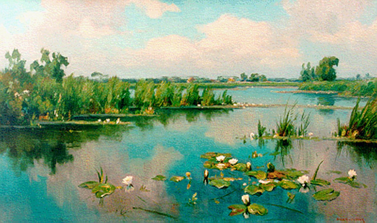 Beek B.A. van | Bernardus Antonie van Beek, A lake with water lilies, Öl auf Leinwand 54,8 x 90,3 cm, signed l.r.