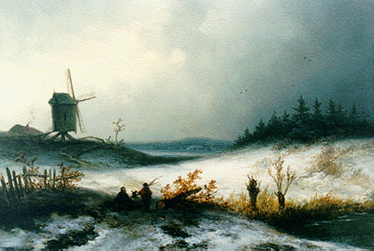 Hoppenbrouwers J.F.  | Johannes Franciscus Hoppenbrouwers, A winter landscape with windmill, Öl auf Holz 17,0 x 24,8 cm, signed l.l.