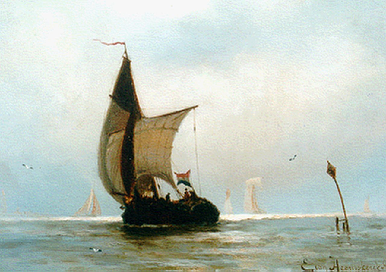 Heemskerck van Beest J.E. van | Jacob Eduard van Heemskerck van Beest, A Flatboat at Sea, Öl auf Holz 25,0 x 34,5 cm, signed l.r.
