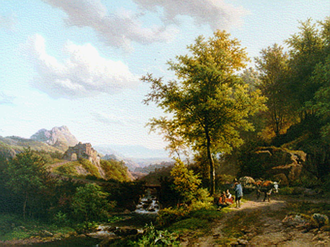 Koekkoek B.C.  | Barend Cornelis Koekkoek, Hügellandschaft mit ruhenden Bauern unter einer Eiche, Öl auf Holz 38,5 x 51,9 cm, Unterzeichnet r.u. und datiert 1843