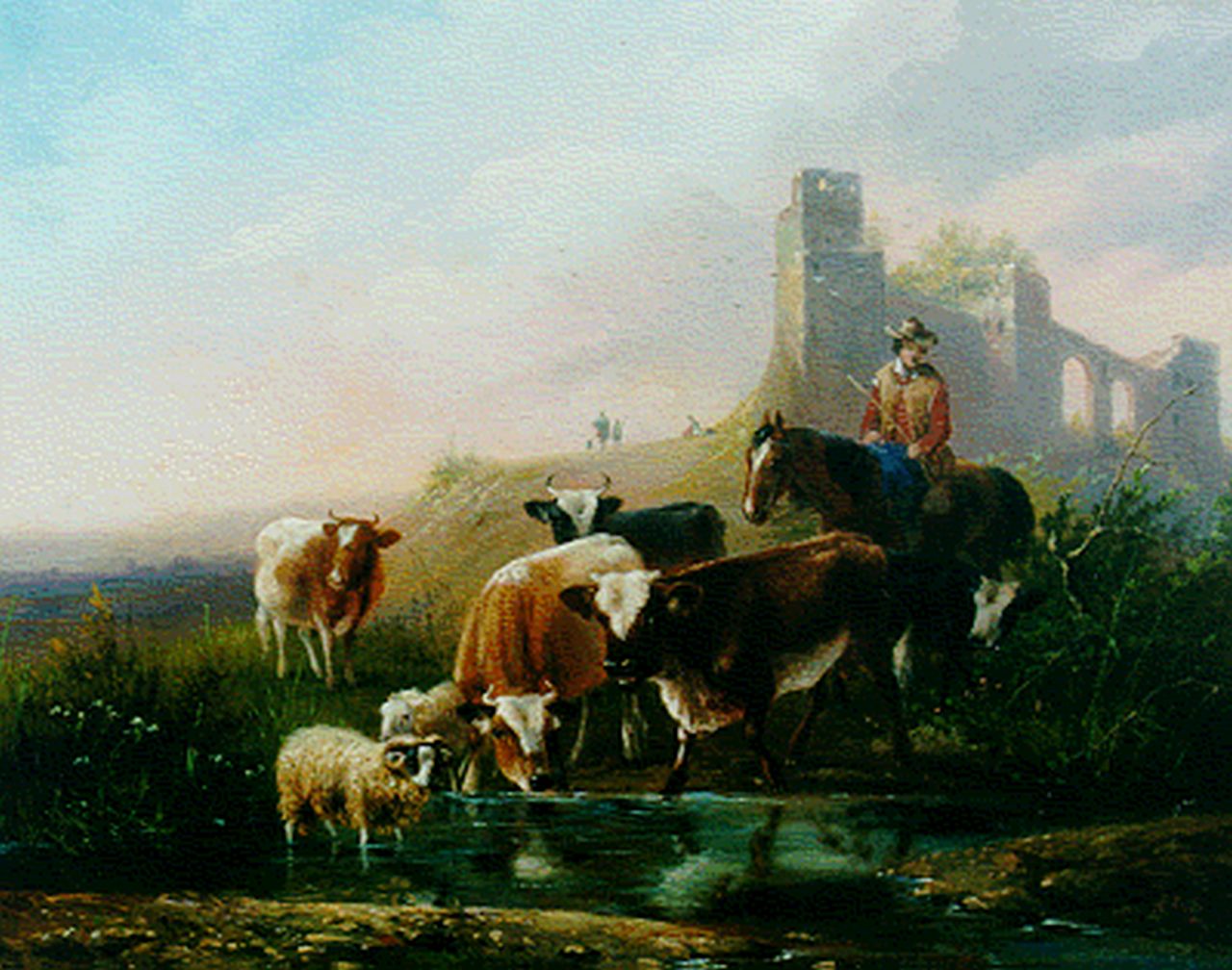 Knip A.  | Augustus 'August' Knip, Cows and sheep by a stream, Öl auf Holz 21,3 x 26,8 cm, signed l.r.