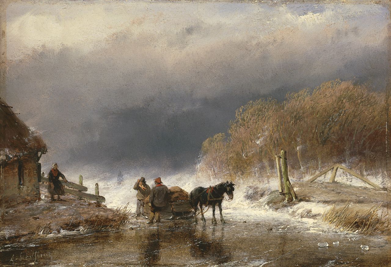 Schelfhout A.  | Andreas Schelfhout, Figuren en paard op het ijs, Öl auf Holz 15,8 x 23,0 cm, gesigneerd linksonder