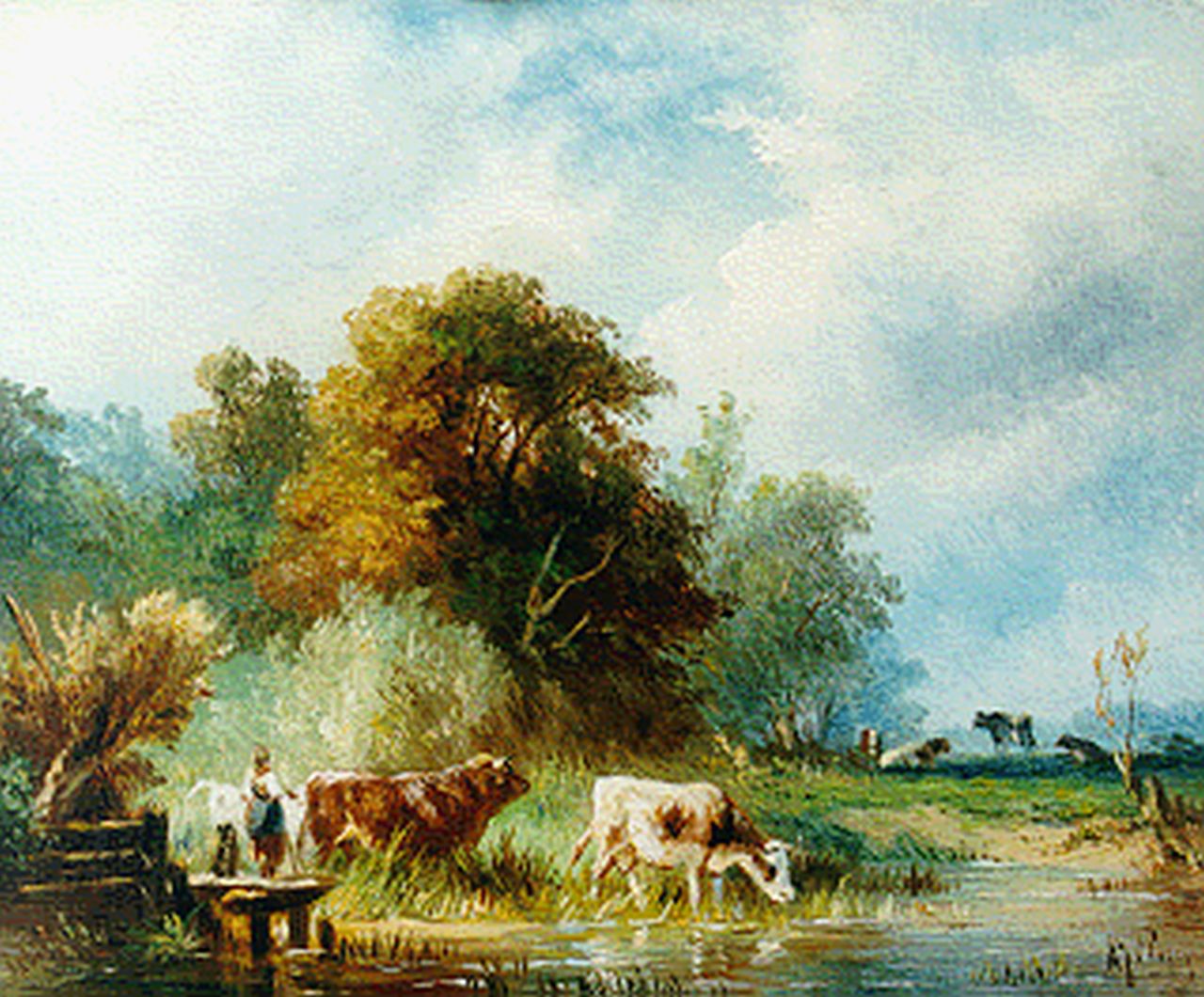 Prooijen A.J. van | Albert Jurardus van Prooijen, A polder landscape with cows watering, Öl auf Holz 13,5 x 16,5 cm, signed l.r.