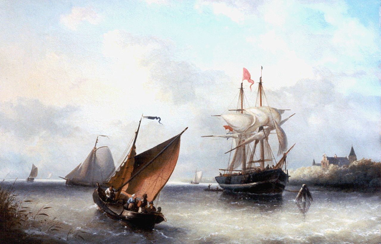 Riegen N.  | Nicolaas Riegen, Shipping in an estuary, Öl auf Leinwand 44,0 x 67,0 cm, signed l.l.